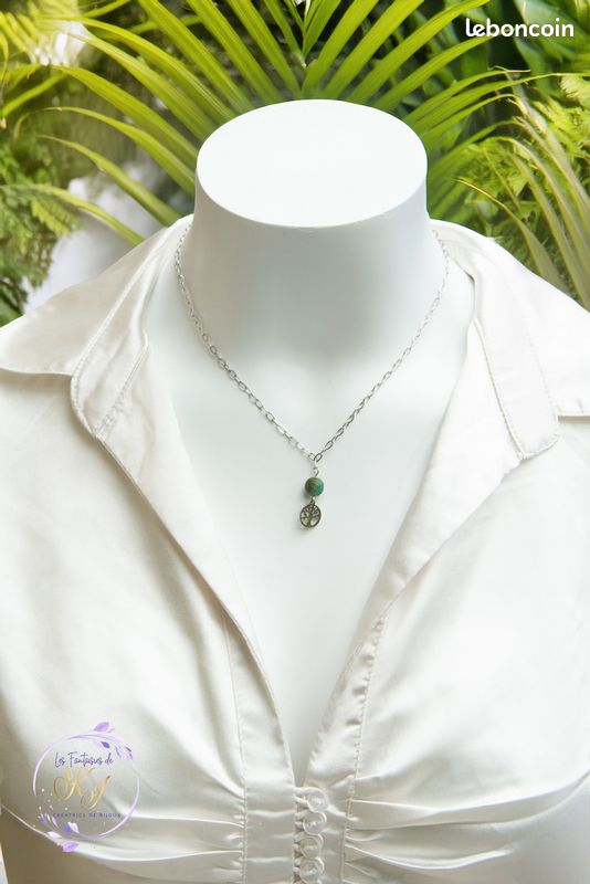 Collier Femme -50% | "KALIMBA" Acier Inoxydable 316L & Turquoise Africaine 40 cm | Arbre de Vie | Lithothérapie | Bijou Neuf (A825) (image 4)