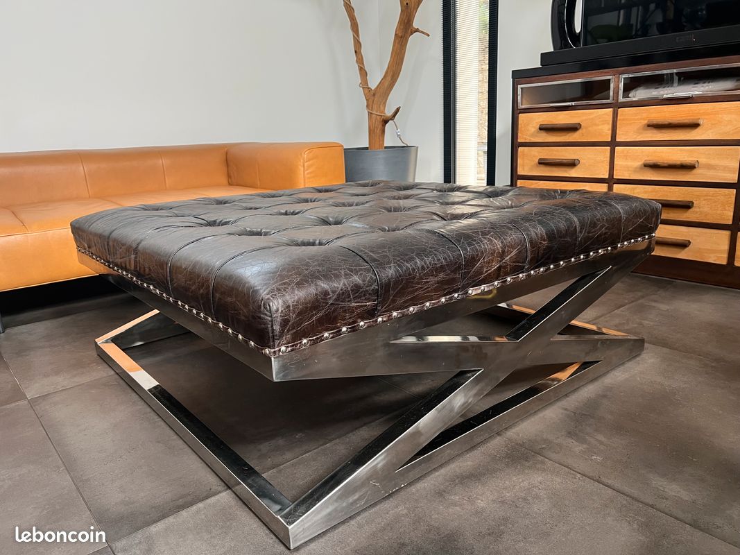 Table basse/pouff en cuir véritable piétement acier (image 6)