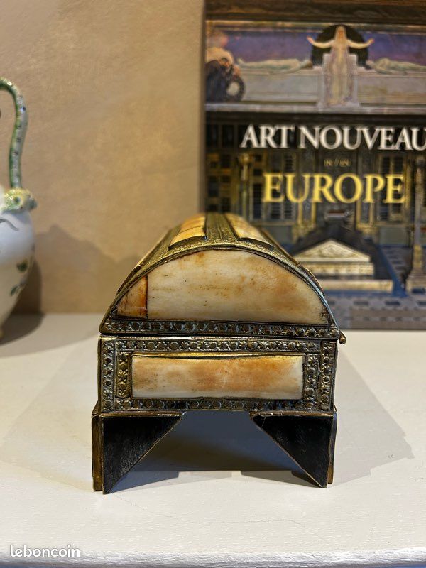 Boîte Ancienne Marquetée Travail Oriental - Os, Cuivre Et Laiton, Style Antiquité Afrique