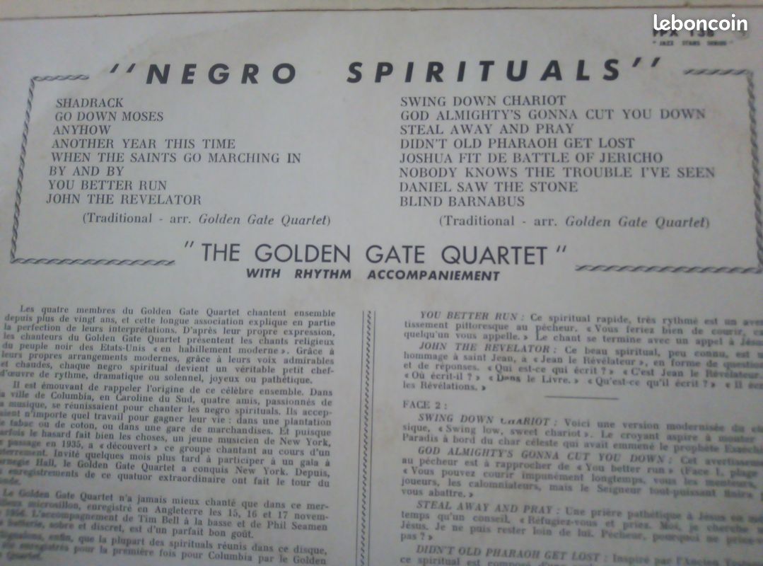 33t vinyle NEGRO SPIRITUALS par THE GOLDEN GATE QUARTET. TBE (image 2)