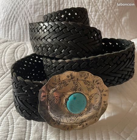 Superbe Boucle De Ceinture Ancienne En Alpaga Avec Cheval Et Selle - Incrustation Turquoise - Fait Main Mexique