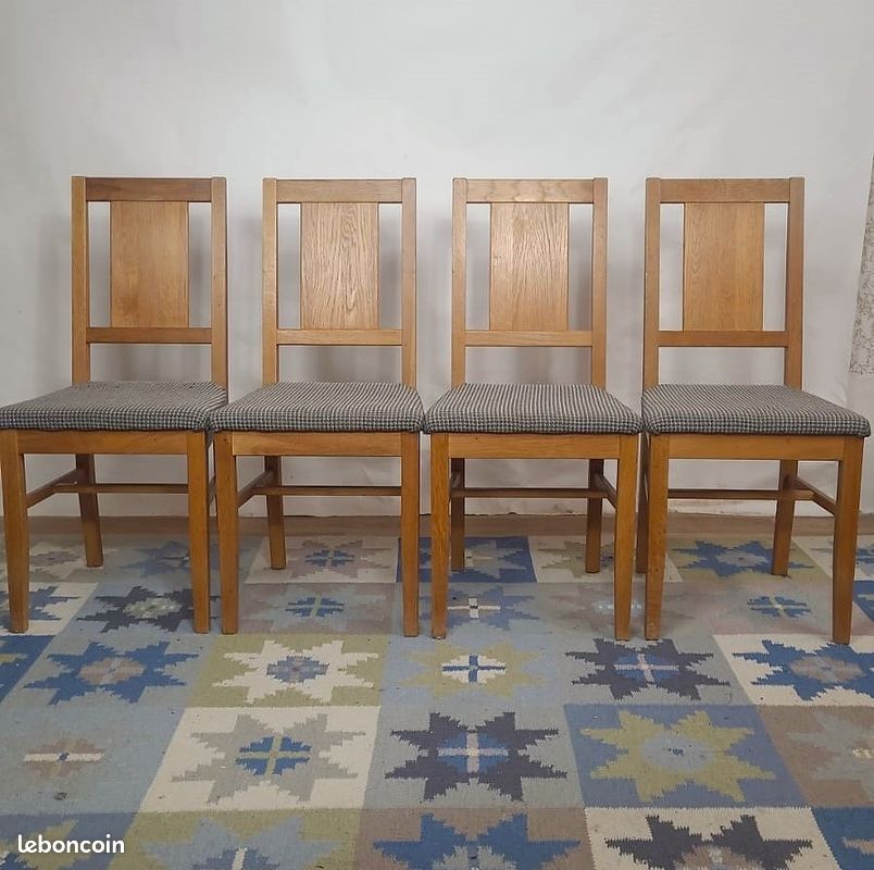Lot de 4 chaises Brutalistes en chêne et tissu à carreaux, Danemark, années 1960 (image 2)