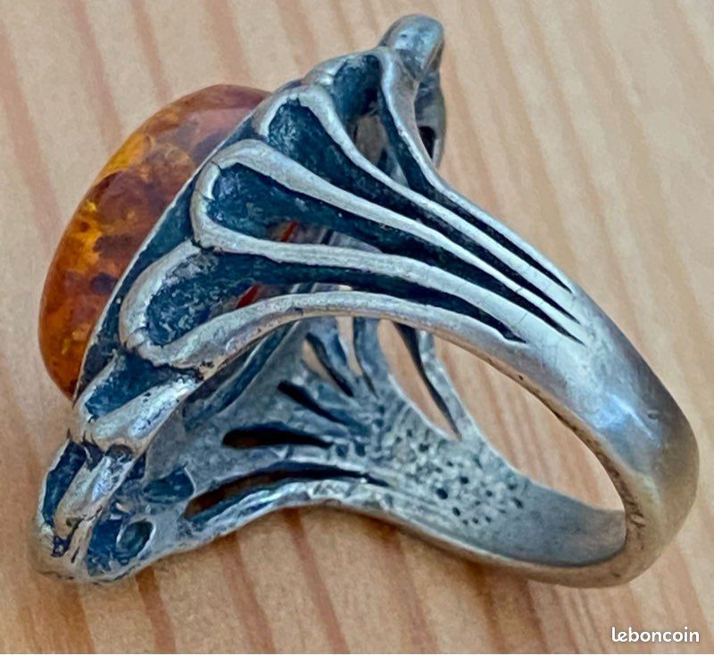 Bague Femme Argent Massif 925 Et Ambre - Taille 53, Occasion En Excellent état, Fabrication Française