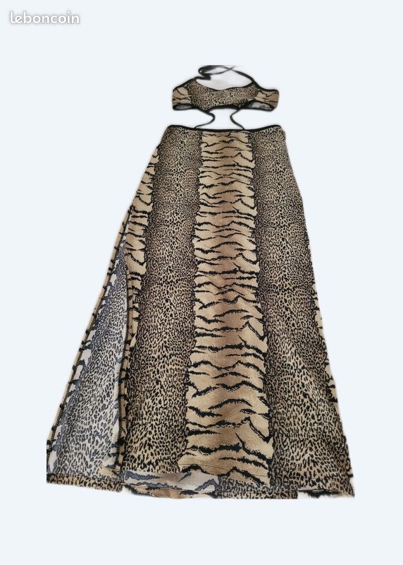 Robe de soirée longue fendue imprimé animal - ventre nu - haut bandeau (non détachable) (image 1)