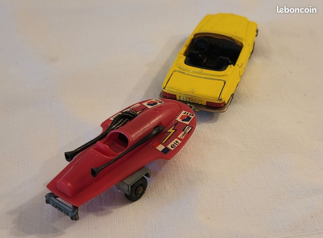 Majorette Mercedes 350 SL N°213 – Décapotable Grise Avec Bateau Zodiaque (1:50, France)
