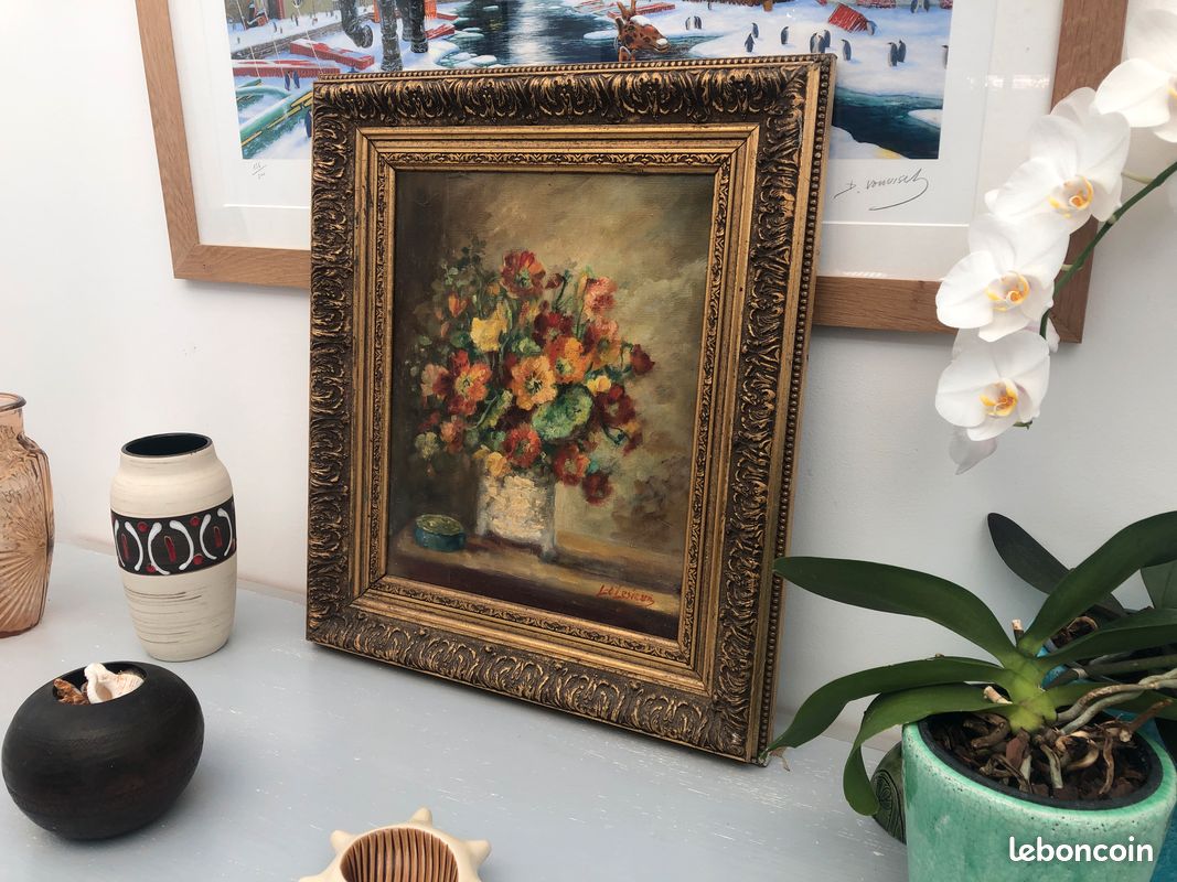 Tableau bouquet de fleurs nature morte peinture à l'huile signé "Lelesieur" (image 3)