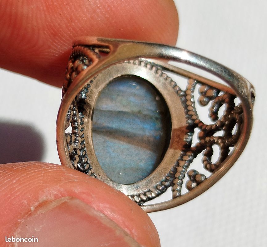 Bague En Argent 925 Avec Labradorite - Pierre Naturelle Bleue, Taille 53, 4.95g