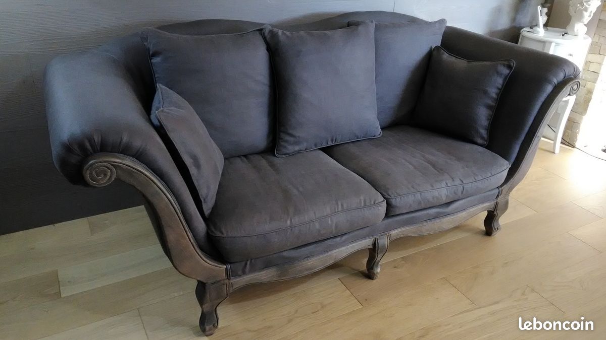 Canapé banquette en lin taupe gris (image 4)