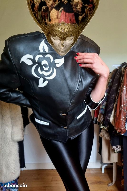 Veste en cuir vintage 80's 90's cintrée col contrastant maroquinier taille M (image 4)