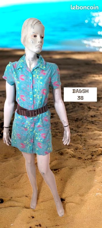 Robe Ba&Sh Turquoise/rose Manches Courtes Taille 38 - Occasion Très Bon état