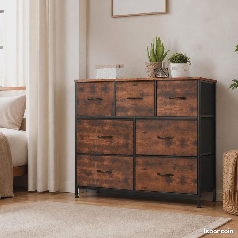 Commode marron à 7 tiroirs en tissu, structure en métal et plateau en bois, meuble de rangement pour chambre à coucher (image 2)