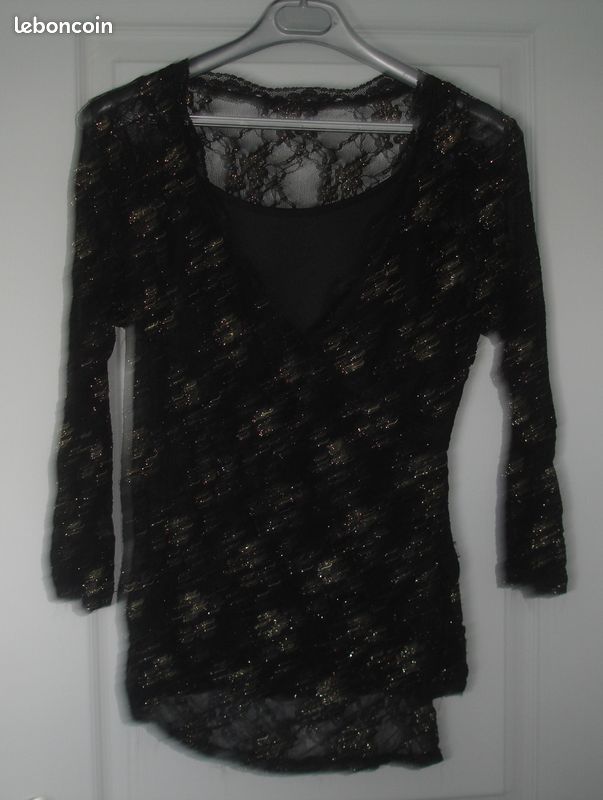 Tunique Femme Style&Co Manches 3/4 Taille L - Noir Mélange Velours Et Transparence