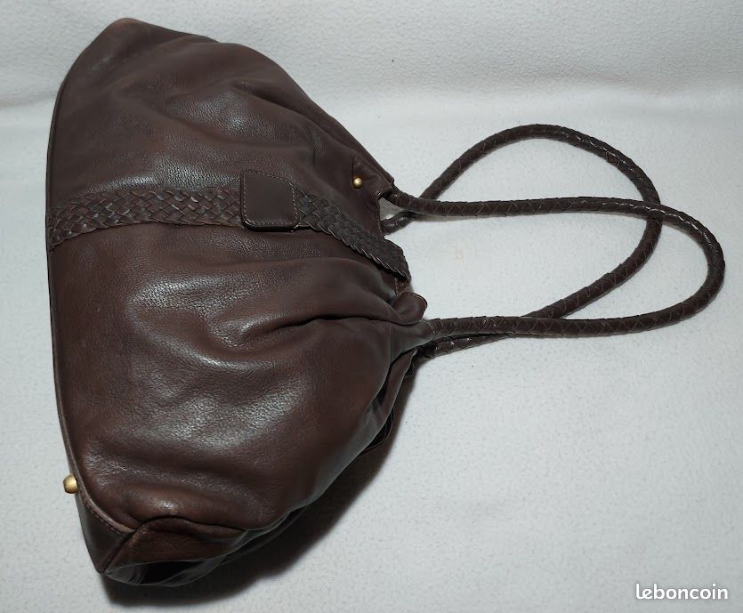 Caroll Sac à Main Cuir de Vachette Grainé Anses & Rabat Tréssé Marron Foncé Hauteur 26 cm Vintage (image 5)
