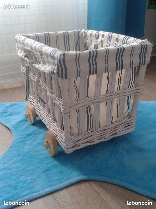 Jlv : Chariot sur Roulettes Bois en Rotin Blanc et Tissu (image 2)
