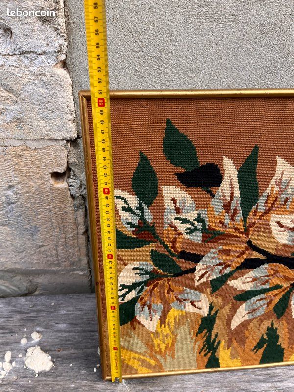 Broderie Crewel Vintage Encadrée Bucilla - Fleurs Années 70 - 15x15 Cm