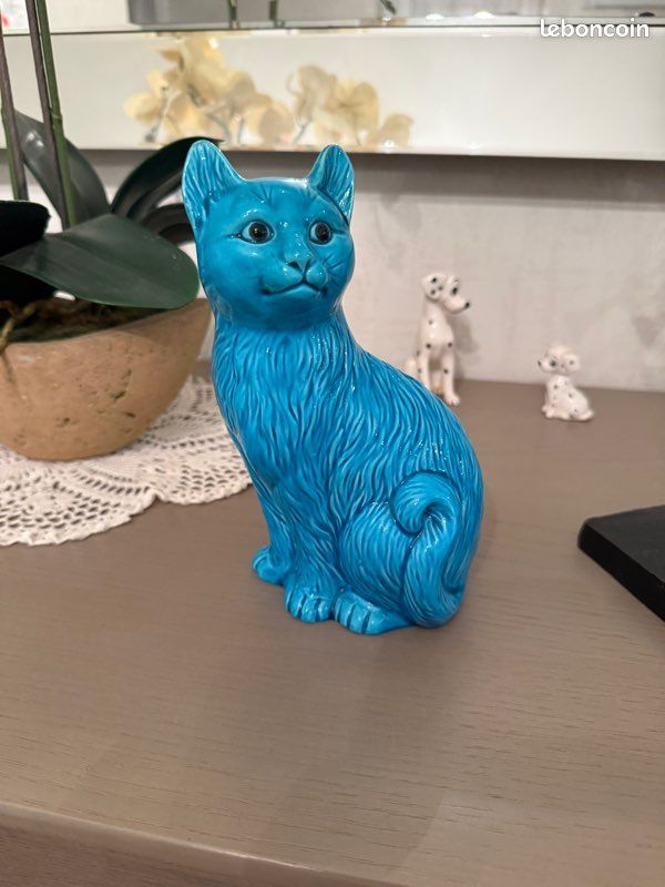 Statuette chat Vintage | Figurine céramique émaillée bleu turquoise | Déco rétro (image 1)