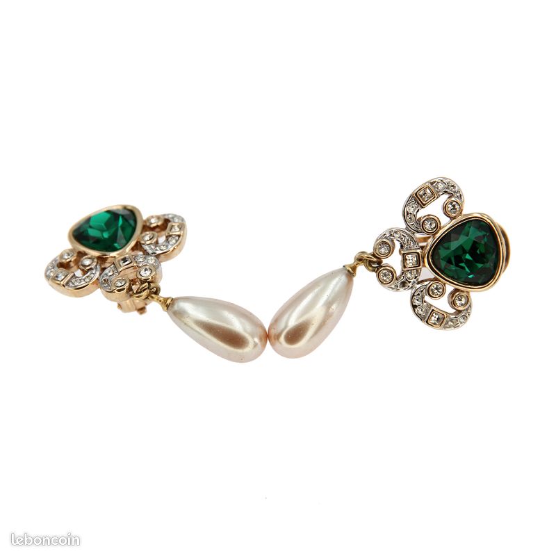 Boucles D'oreilles Clips Vintage Années 80 - Strass, Perles, Métal Doré, Occasion