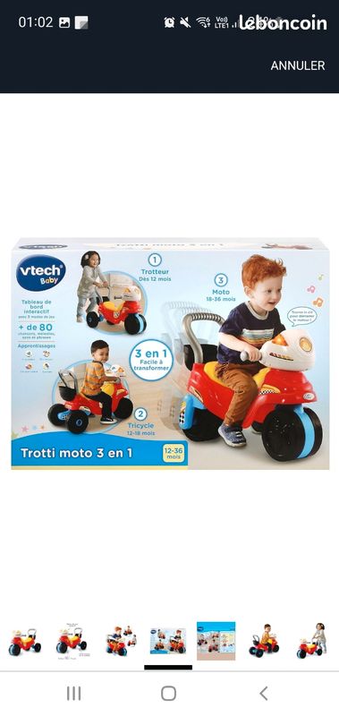 VTech Trotti Moto en 1, Trotteur Pousseur Bébé, Tricycle
