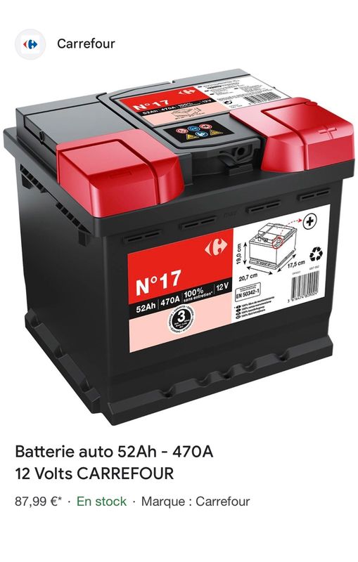 Batterie Carrefour n° 17 - Neuve garantie 3 ans - 52Ah - 470A - Équipement  auto