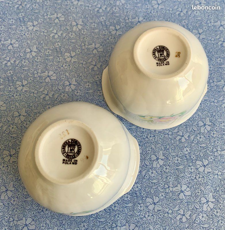 Paire de bols anciens en porcelaine de Pologne Książ – Décor fleur de Lotus & Liseré doré (image 7)