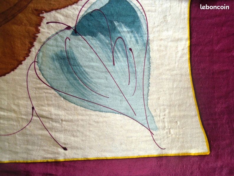 Joli foulard vintage peinture sur soie blanc motif fleuri (image 5)