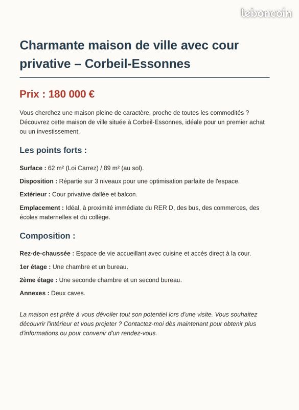 Maison 5 pièces 62 m² · à Corbeil-Essonnes · 62 m² · 180 000 €