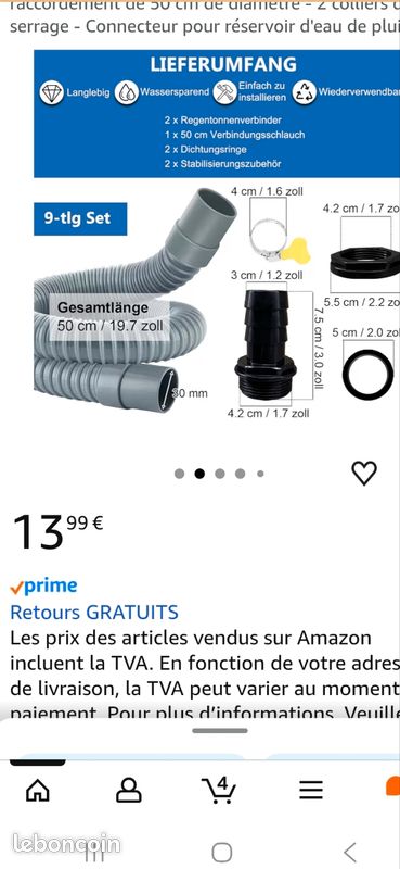 Neuf kit Raccord de citerne de pluie - Kit de connexion avec 2 passages de citerne d'eau de pluie - Tuyau de raccordement de 50 cm - 2 colliers de serrage - Connecteur pour réservoir d'eau de pluie (image 2)