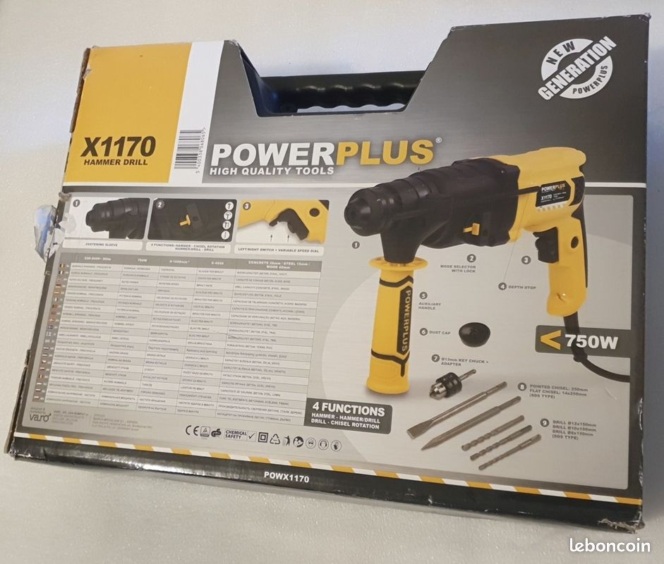 Perceuse à Percussion Électrique Powerplus 750 W et 3 J non utilisée avec acessoires et mallette (image 1)