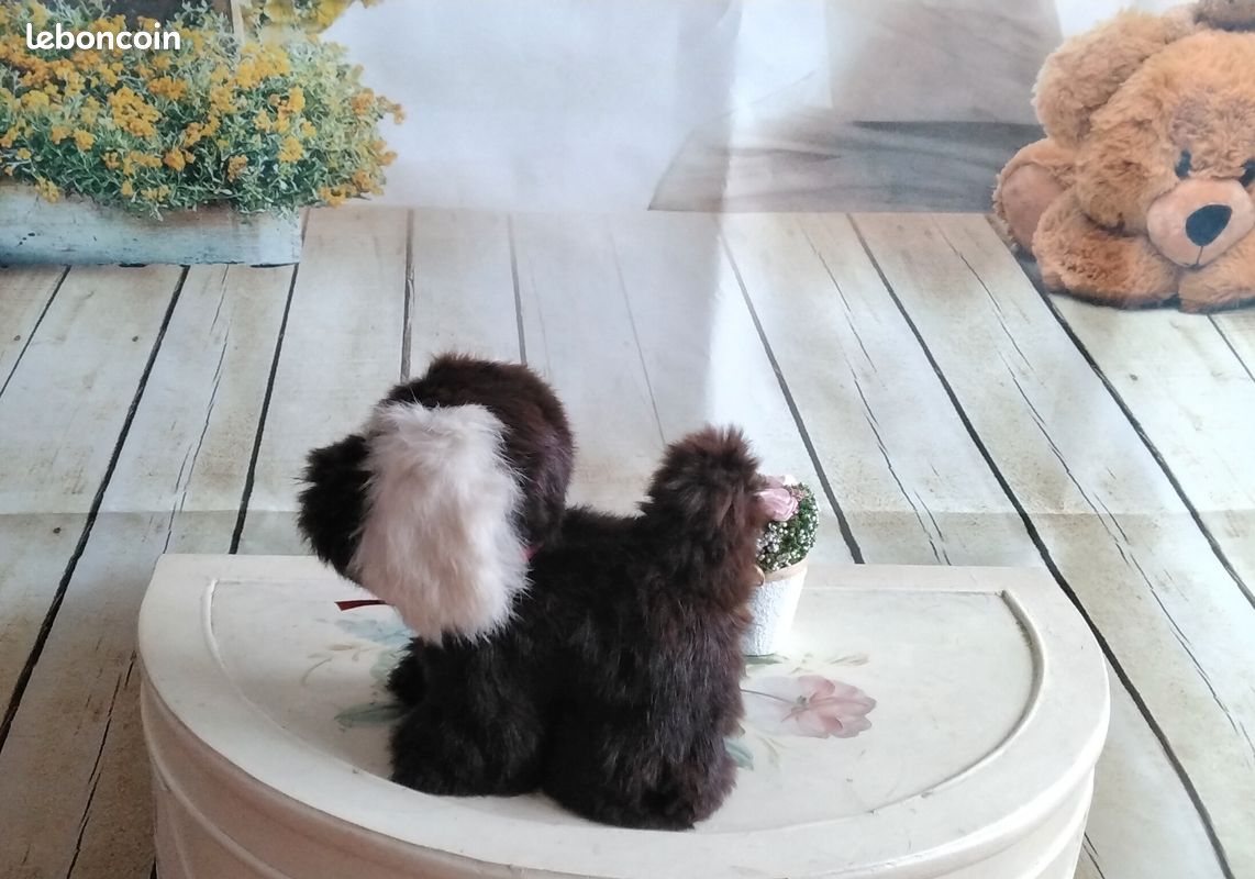 Jouet ancien chien en fausse fourrure marron et blanc (image 7)