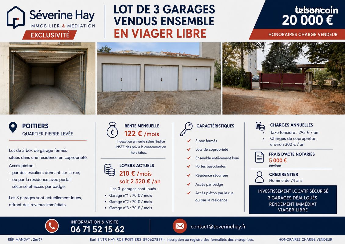 VENTE EN VIAGER LIBRE de GARAGES tous loués - bouquet : 20.000 + 122/mois de rente · à Poitiers · 20 000 €