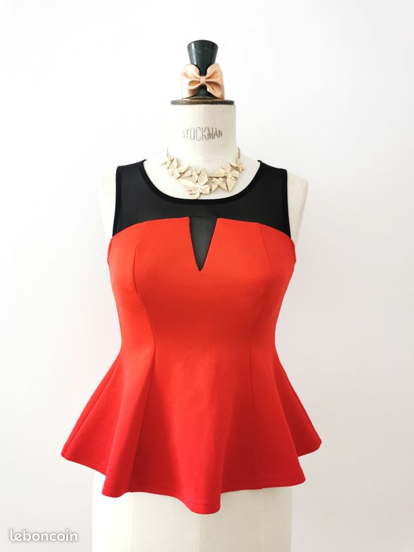 Top de soirée rouge noir en neoprene peplum (image 2)