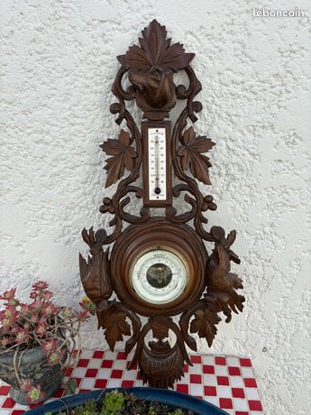 Baromètre Thermomètre Anéroïde En Bois Sculpté Fin 19ème