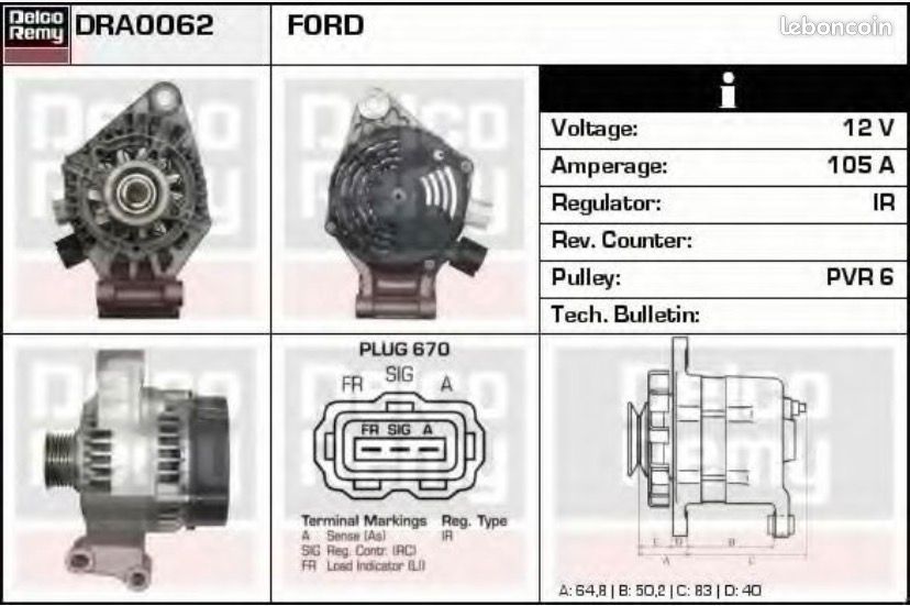 Alternateur neuf Delco Rémy DRA0062 Ford Fiesta MK4 Focus MK1 (image 1)