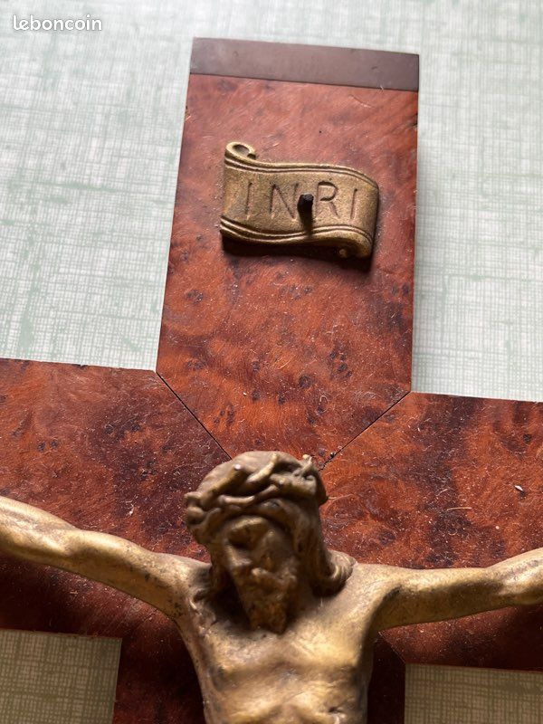 Crucifix bois vintage métal ancien INRI 35 cm (image 4)
