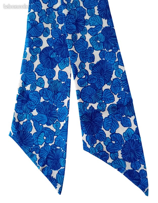 Echarpe en soie 1970s design fleurs bleues géométriques vintage (image 3)