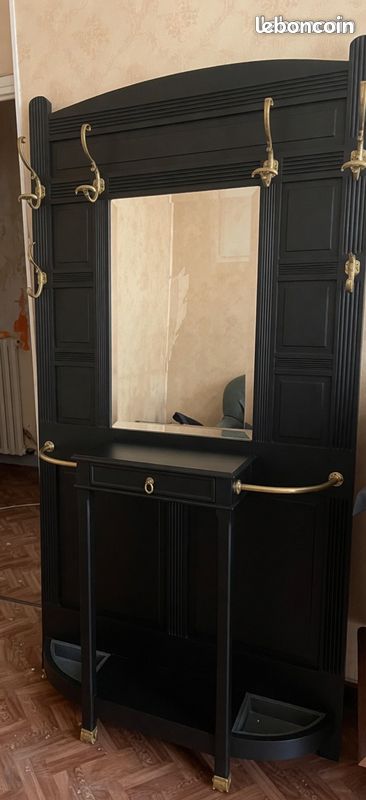 Magnifique Portemanteau/Vestiaire Bois Massif Et Laiton Restauré Peint En Noir (image 1)