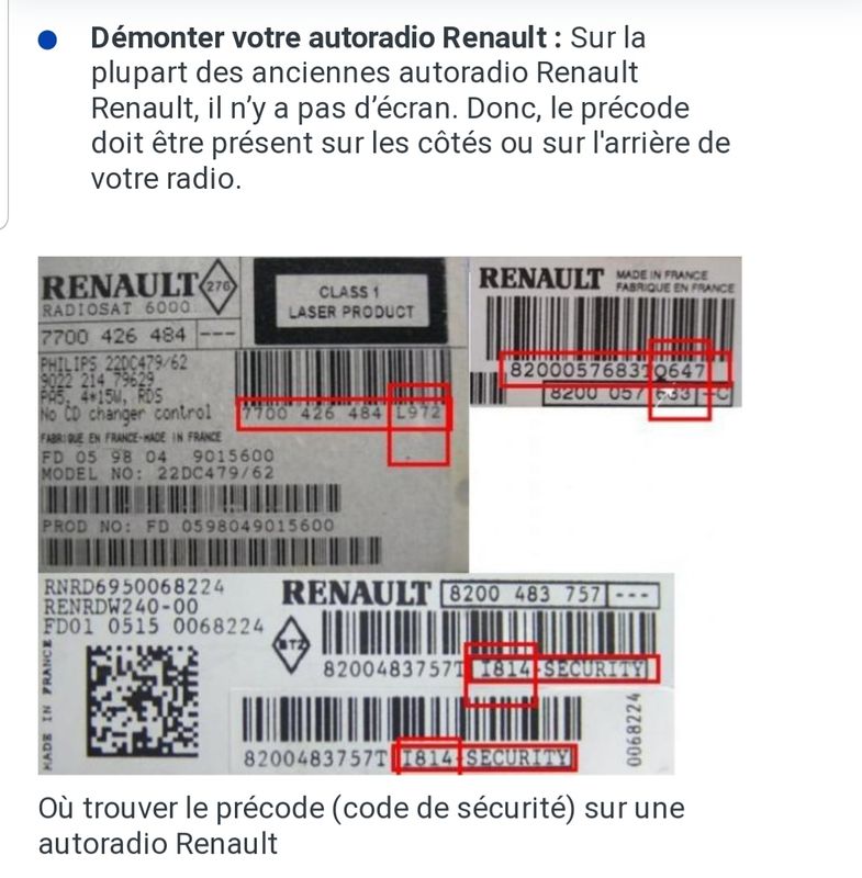 Codes autoradio Renault Dacia - Équipement auto