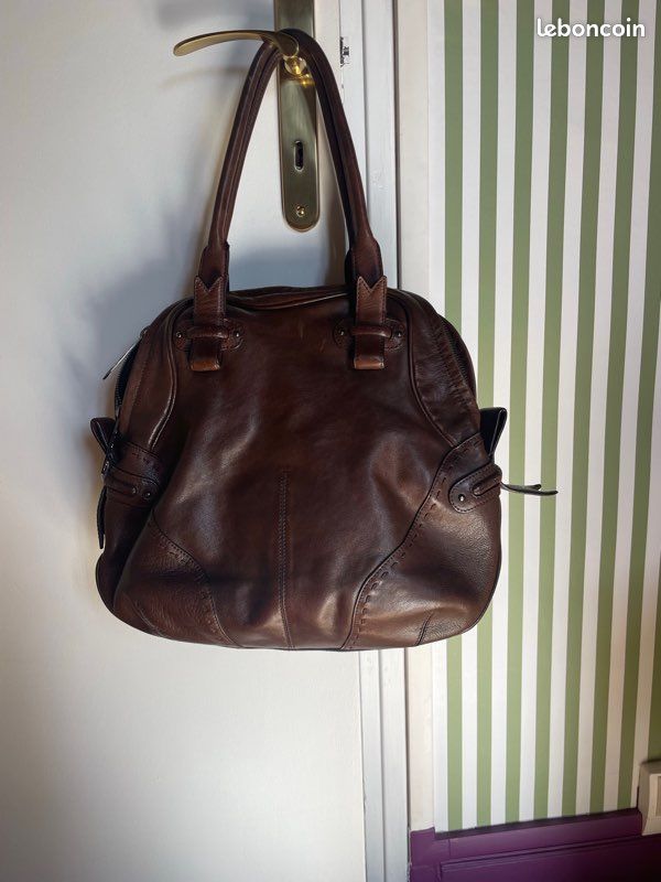 Sac Cabas PAULE KA Cuir Marron Effet Crocodile - Doublure Feutrine Grise - Occasion Bon état