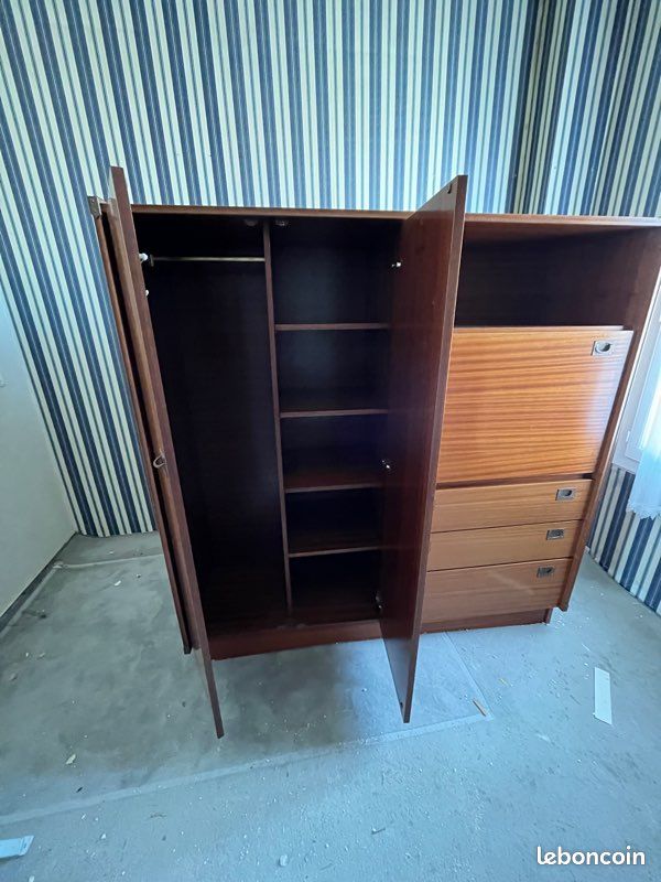 Chambre vintage armoire + lit + sommier + chevet bois massif (image 7)