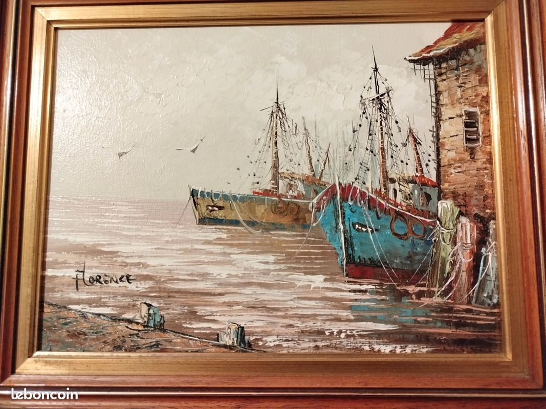 Tableau Huile Sur Bois Signé M. Maresca Serra - Scène De Port Italien Avec Voiliers (Années 1970)