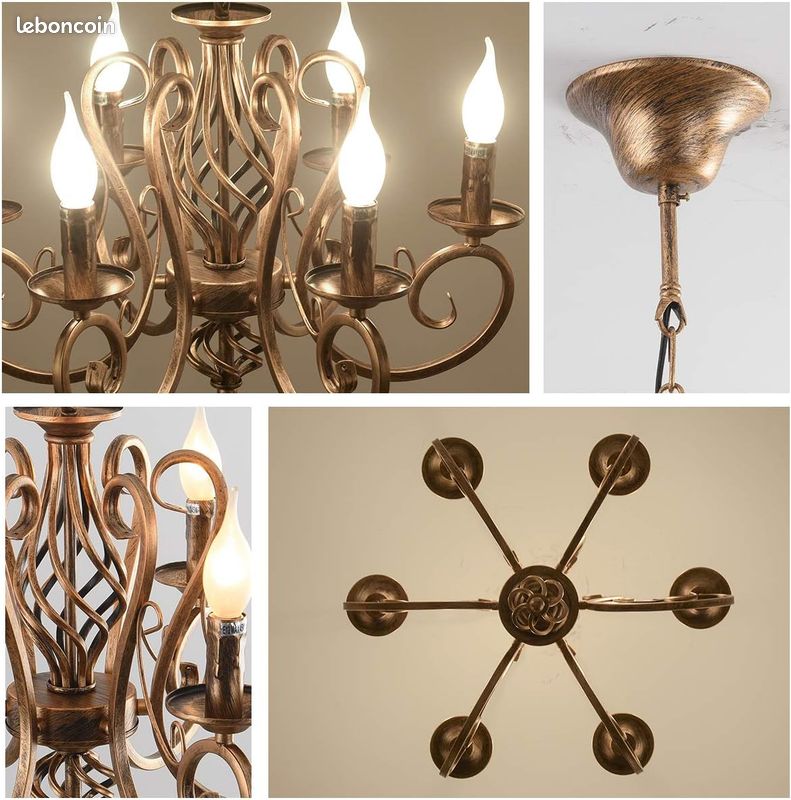 Ganeed Lustres de pays français, lustre en fer à bougie en bronze à 6 lumières, luminaire suspendu en métal Vintage éclairage suspendu pour îlot de cuisine, salle à manger, salon, Foryer (image 6)