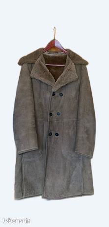 Manteau Long Vintage En Mouton Retourné - Daim Noir, Taille 42, Réversible - Marque T.O.P., Occasion Très Bon état