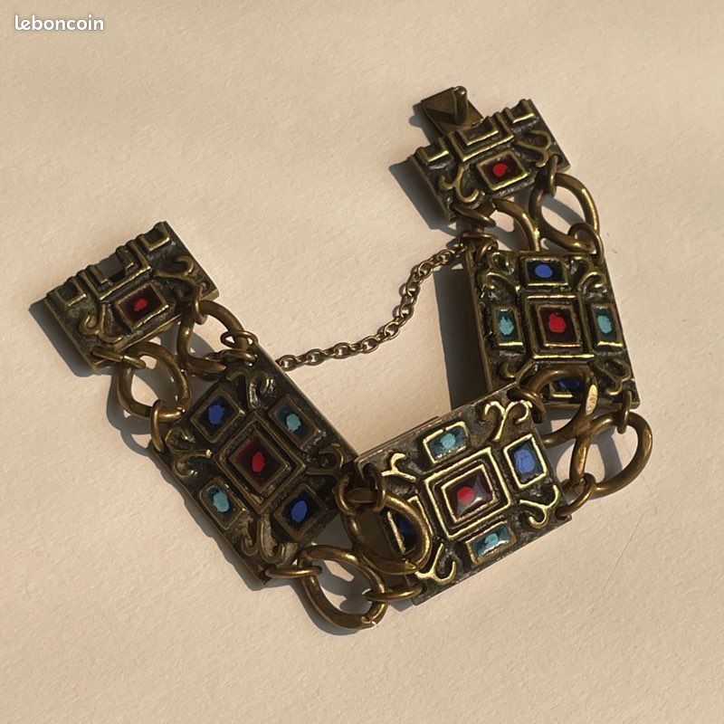 Bracelet Vintage Néo-médiéval En Bronze émaillé - Dominique Piéchaud - Longueur 19-20 Cm