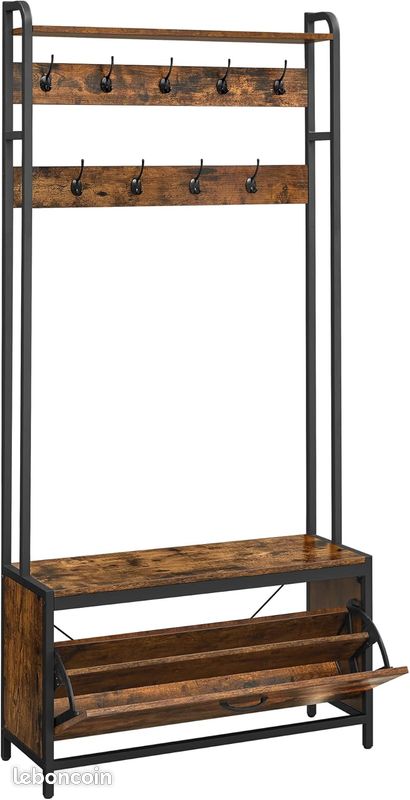 Meuble d’Entrée 4-en-1 avec Banc, Vestiaire Industriel à 9 Crochets et Rangement à Chaussures Fermé (image 1)