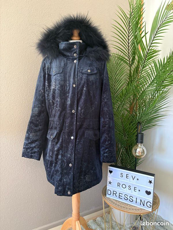 🧥 Manteau Parka Fred Sabatier T44 XL Bleu Marine Vraie Fourrure Raton Laveur Chaud (image 1)