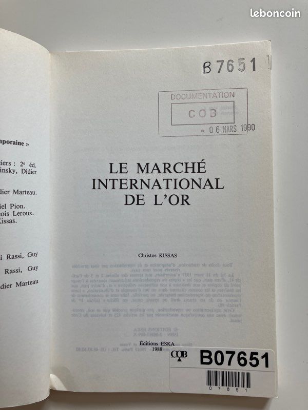 Le marché international de l’or, par Christos Kissas, Éditions ESKA, ancien exemplaire de la COB (image 3)