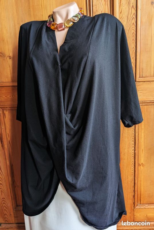Tunik Noir Femme Taille 54/56 - Motif Papillons, Manches Longues, Neuf Avec étiquettes, Fabrication France