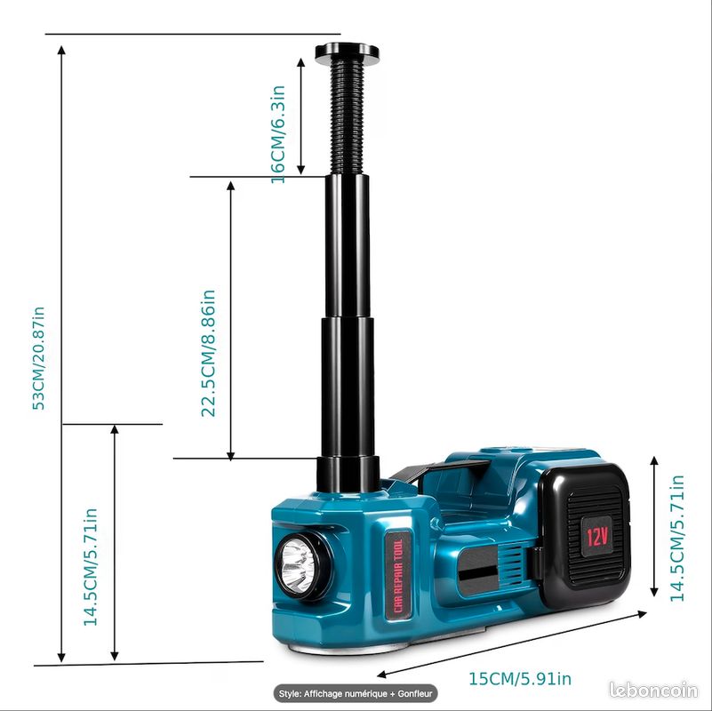 Cric hydraulique électrique 5 tonnes avec pompe gonflable et lumière LED, 12V, plage de levage 14,5-53 cm - Neuf – Livraison en 6 jours ⭐ ⭐ ⭐ (image 4)