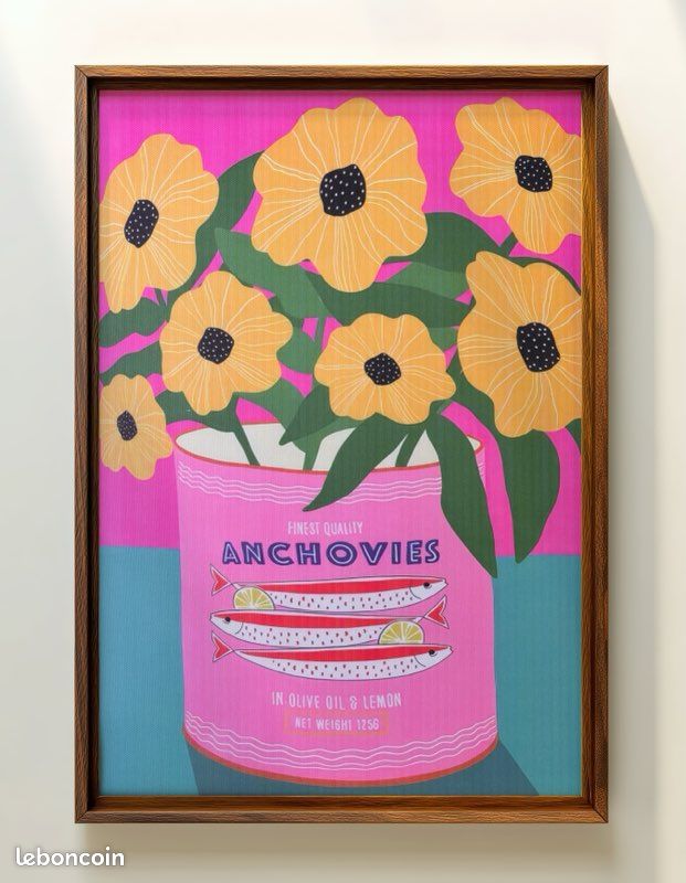 Toile affiche boite anchois fleurs jaunes pop art vintage cuisine rose deco (image 1)
