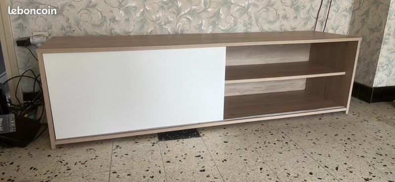 Meuble TV bois et blanc porte coulissante (image 1)